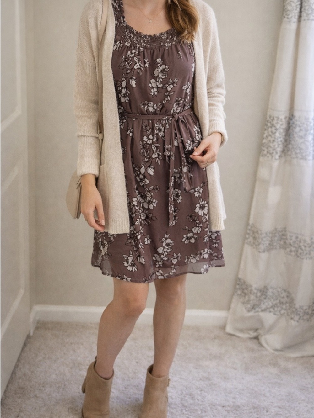 Boutique Brown Floral Chiffon Dress w/ Tie Waist – Size Small – NWT Maurices